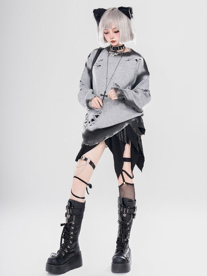 Y2K Black/Grey Butterfly Shaped Distressed Holes Round Neck Sweater