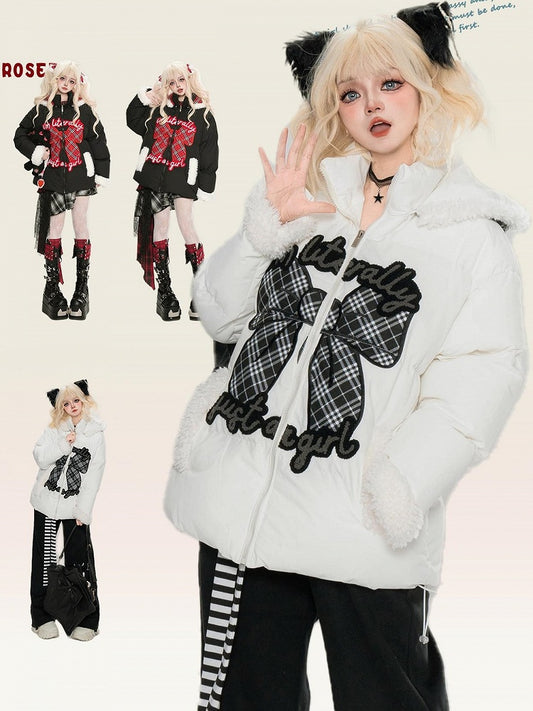 Black/White Paid Bowknot Applique Hooded Puffer Jacket Plush Cuffs