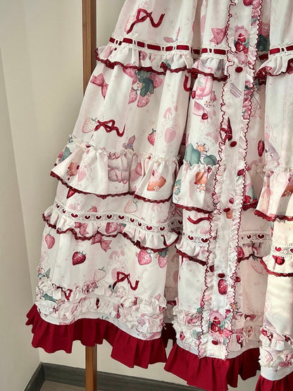 Kitty and Strawberry Print Spring and Summer Cottagecore Lolita Dress