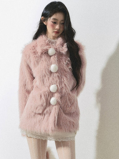 Faux Fur Coat Pompom Button Design