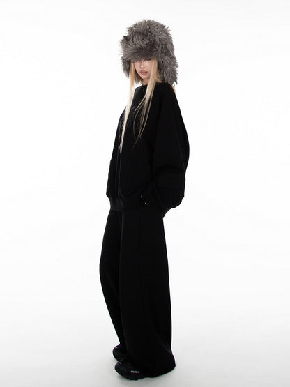 Black Loose Pull-on Design Wide Leg Sweatpants