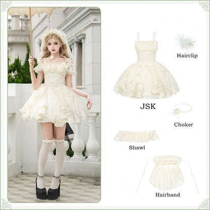 Boned Dress Skirt Cascading Beige Ruffle Classic Version Short Basque Set Waist Lolita Full