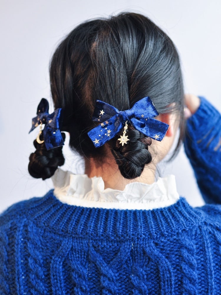 Print Moon Bowknot Blue Hairclips Star Charm