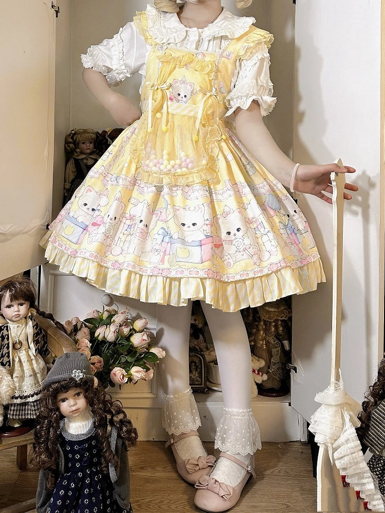 Dress Sweet Yellow Overall Lolita Kitty Polka Pattern Print Dots and