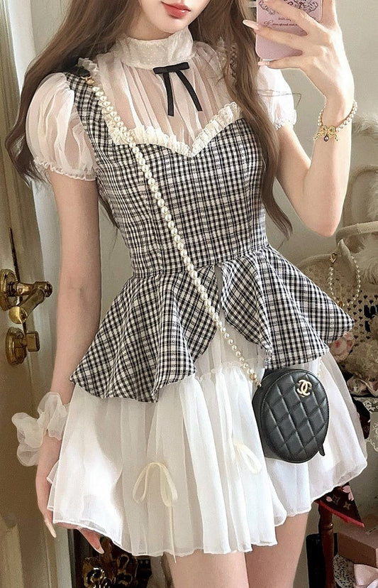 Kleid Muster Plaid Schwarz Faux Weiß Zwei-Stück Mit