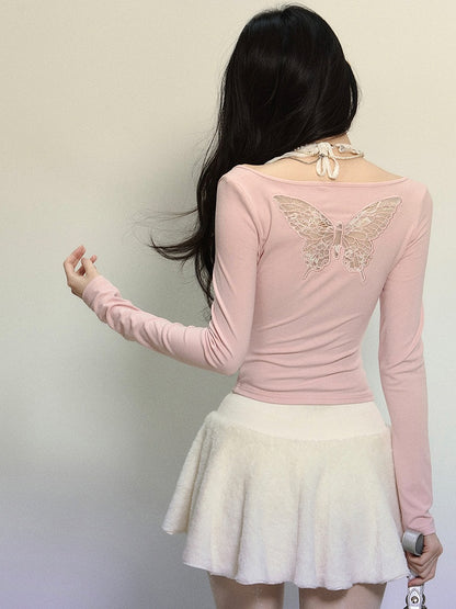 Pink Lace Butterfly Cutout Halter Neck Long Sleeves Top