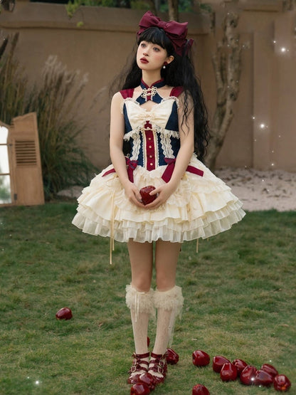 Dark Blue and Red Detachable Collar Qi Tiered Ruffles Jumper Skirt
