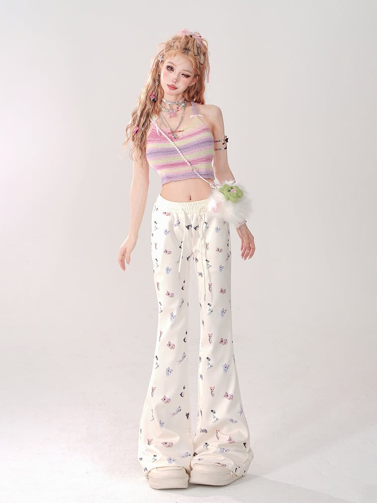 Beige Regular/Thicken Slim-Fit Flared Pants with Realistic Cat Prints and Elastic Waistband