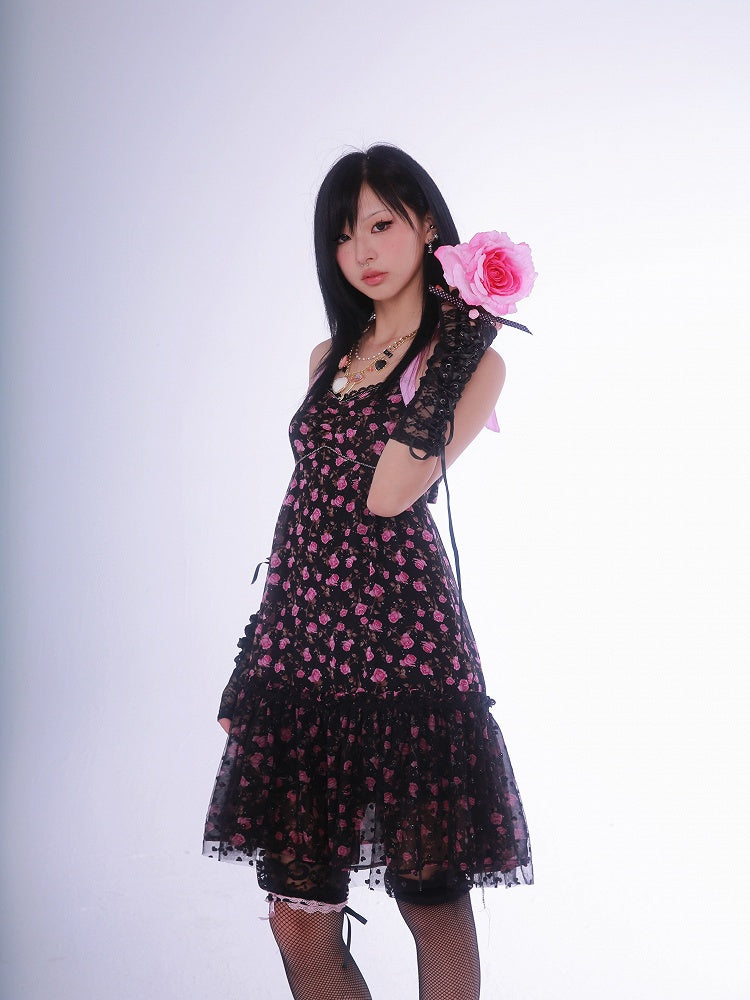 Robe dos nu à imprimé floral noir Gyaru