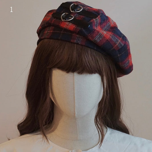 5 Plaid Button Hat Red Decorated Options Beret