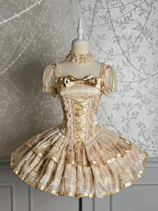Sleeves Corset Lolita Kitty Short Dress Print and Bunny Puff Champagne