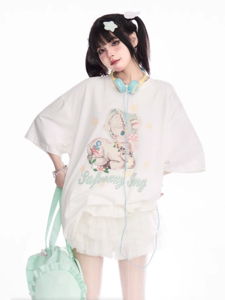 T-Shirt White Round Neck Cute Deer Print Loose
