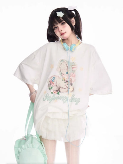 T-Shirt White Round Neck Cute Deer Print Loose