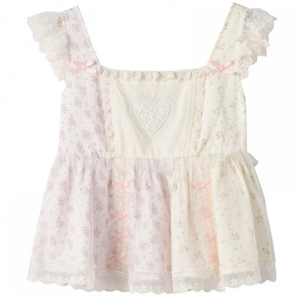 Pink Flutter Sleeve Bowknot Ruffled Floral Tank Top Lace Trim Details