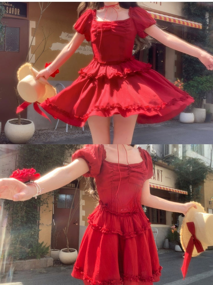 Pleating Waist Hem Details Vintage Dress Red Square Neckline Puff Sleeves Ruffle