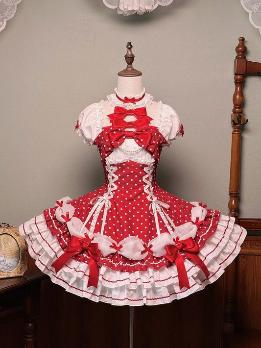 und Puffkleid mit gepunkteten Ärmeln, Schul-Polka-Lolita-Ausschnitt mit altroten Akzenten, Neckholder-Schleife