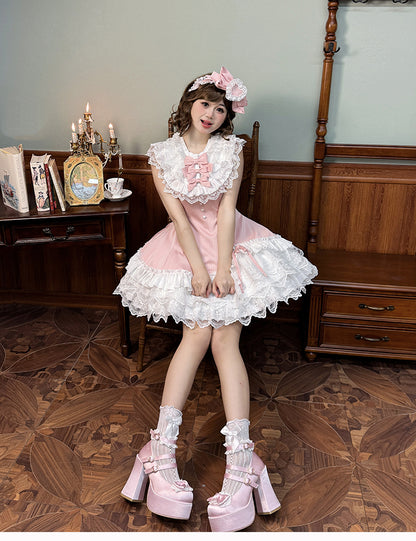 Pink Striped Fabric Slim Fit Waist White Layered Ruffle Neck Sweet Lolita Sleeveless Dress