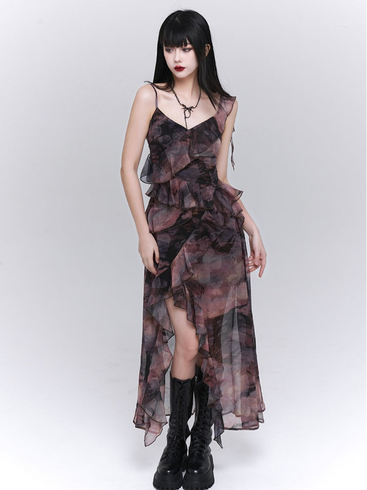 Robe nuisette asymétrique à volants et imprimé papillon violet/gris foncé