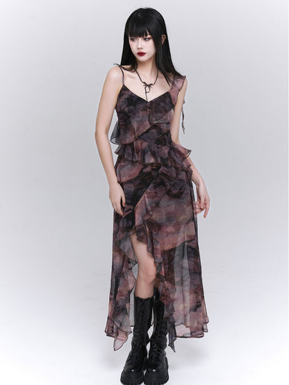 Robe nuisette asymétrique à volants et imprimé papillon violet/gris foncé