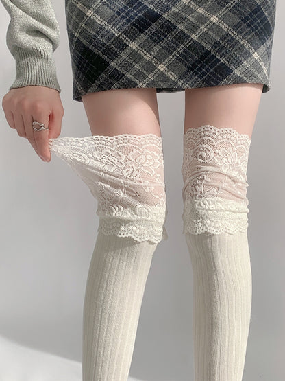 Lace Gray/Beige/Light Gray White/Black/Dark Knitted Over-knee Trim Stockings