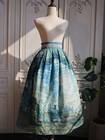 Saint-Lazare Oil Painting Print Green Waist Skirt Version Gare Long/Short High