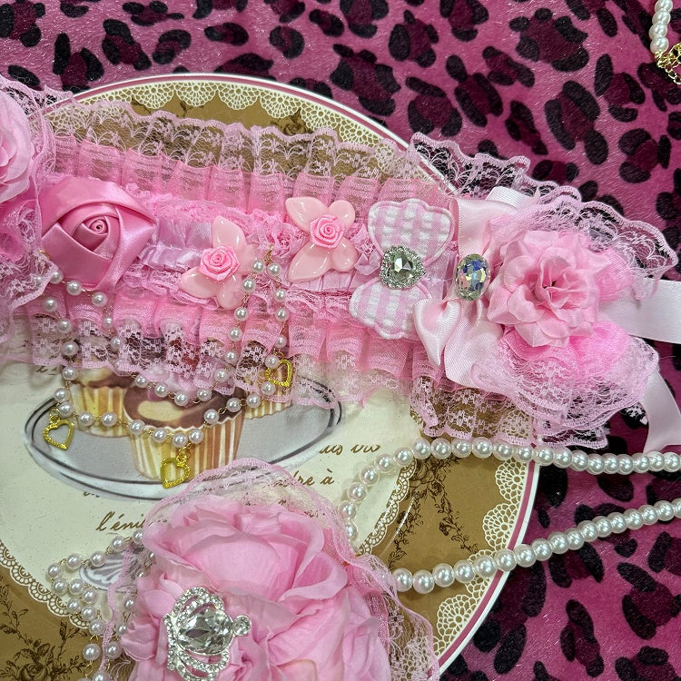 Beaded Charm Design Floral Hairband Heart Ruffled Pink And