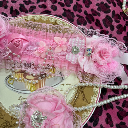 Beaded Charm Design Floral Hairband Heart Ruffled Pink And