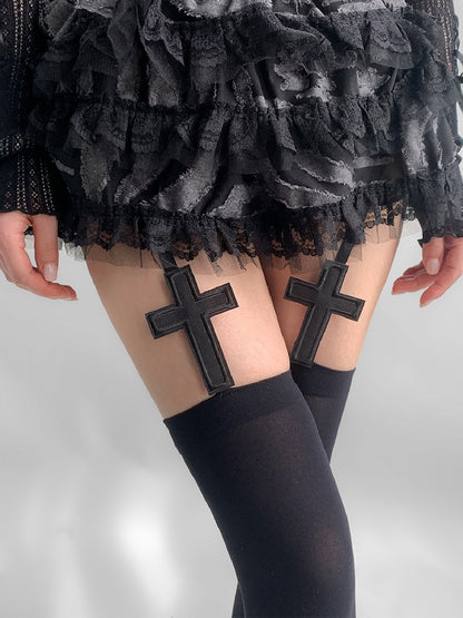 Suspender Applique Cross Stockings Black