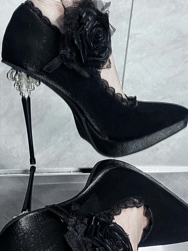 High Floral Gothic Black Pointed Heels Toe Satin Decorated