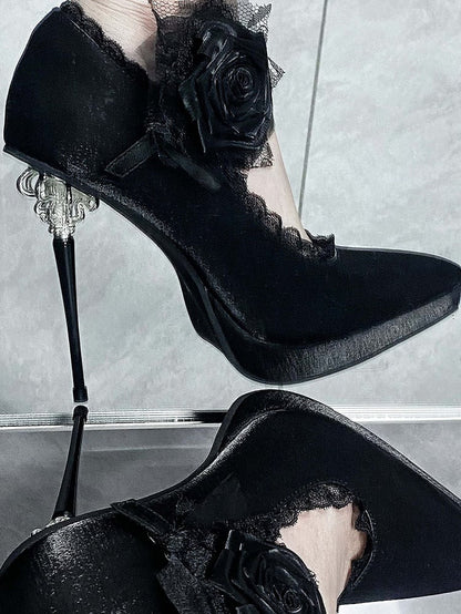 High Floral Gothic Black Pointed Heels Toe Satin Decorated