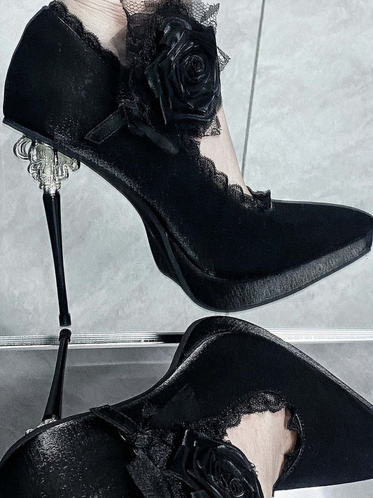 High Floral Gothic Black Pointed Heels Toe Satin Decorated