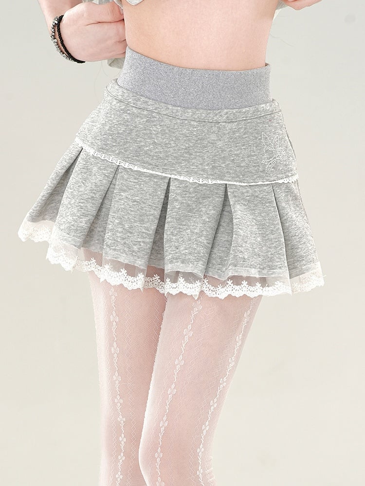 Pleat Grey Box Lace Mini Trim Skirt