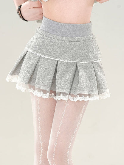 Pleat Grey Box Lace Mini Trim Skirt