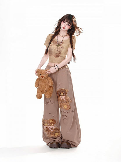Brown Plush Teddy Bear Bowknots Detail Loose Wide-Leg Pants