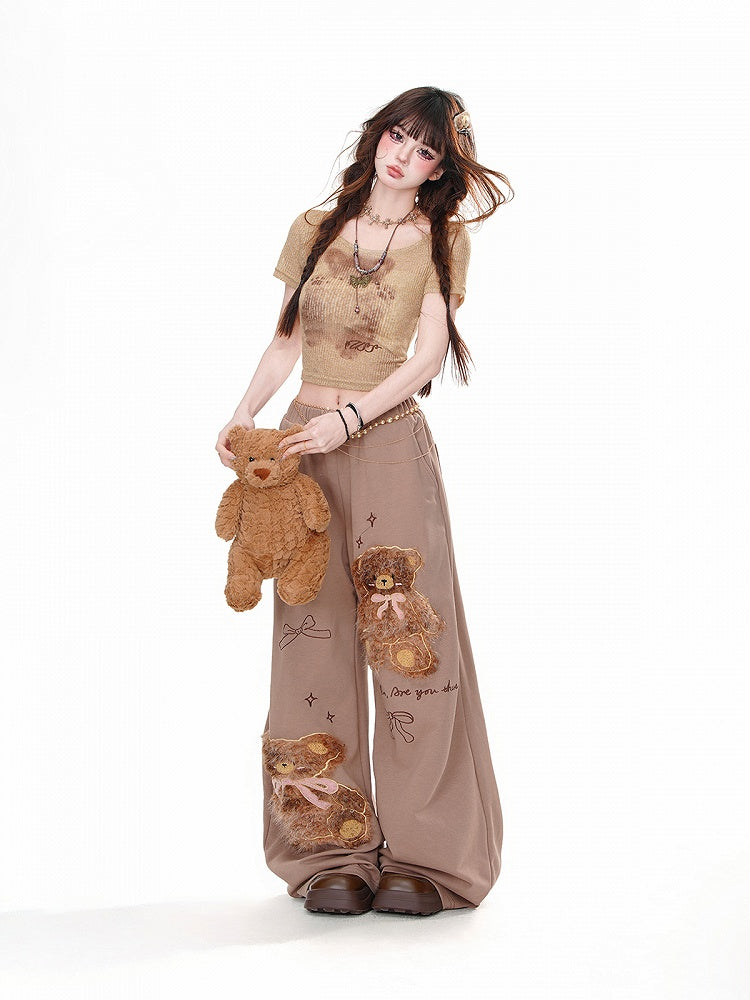 Wide-Leg Pants Detail Loose Teddy Bear Bowknots Brown Plush