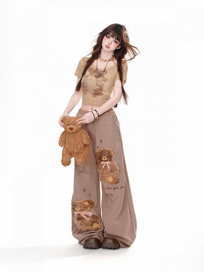 Wide-Leg Pants Detail Loose Teddy Bear Bowknots Brown Plush