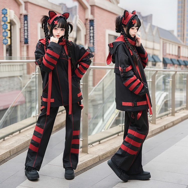 Black and Red Striped Futuristic Cyber Fashion Outfit - Windbreaker Jacket + Shorts/Pants + Leg Warmers Full Set