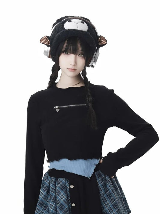 Blue and Black Fake Two-Piece Round Neck Top
