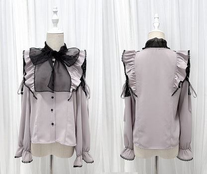 Jirai Kei Schwarz/Weiß/Dusty Cutout Schulter Bluse Schleife Ausschnitt Big Pink
