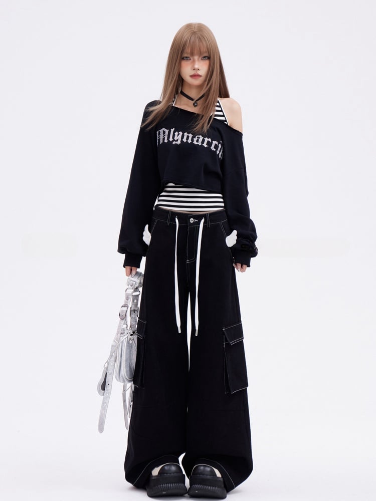Glamorous Cropped Black Asymmetrical Neckline Letter Embroidery Sweatshirt
