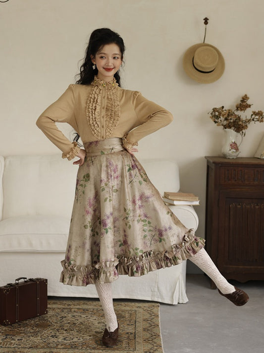 Jupe taille haute à volants et imprimé floral violet vintage