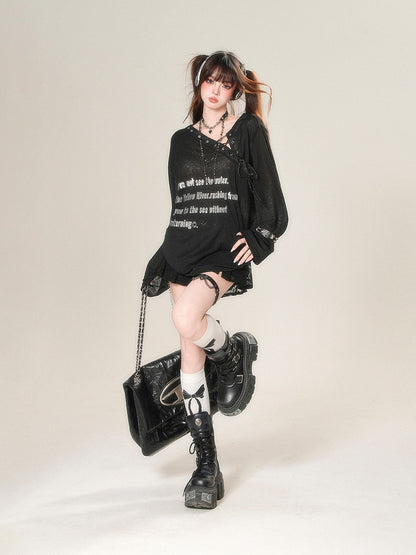 Black/White Semi-sheer Asymmetrical Neckline Sun Protection Top with Lace-up Detail