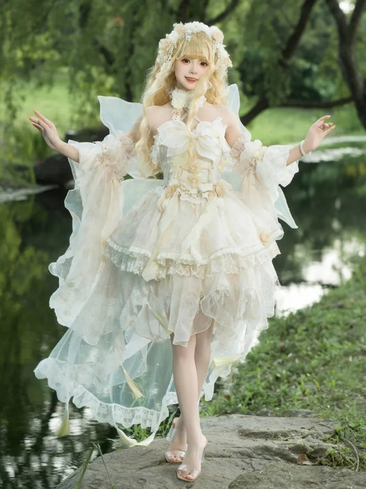 Lolita Fairycore Dress JSK Beige Full Design Princess and Set Butterfly Floral