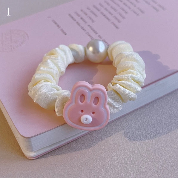 Bunny Scrunchie Decorated Beige Beaded