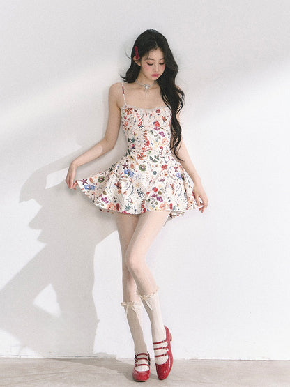 Beige Floral Print Holiday Cami Dress Long/Short Version