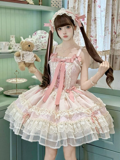 Dress Skirt Decorated Sweet Jumper Lolita Balletcore Pink Bowknots