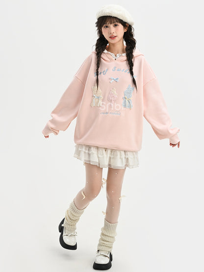 Pink Cute Crocheted Bunnies Details Fleece Lined Hoodie