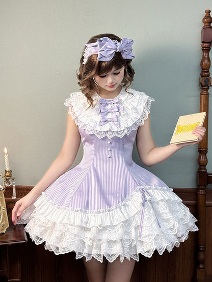 Purple Striped Fabric Slim Fit Waist White Layered Ruffle Neck Sweet Lolita Sleeveless Dress