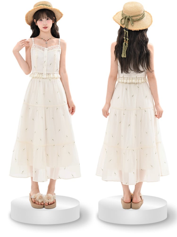 Kei Buttons Beige Floral Embroidery Lace Trim Floral Mori Cami Top