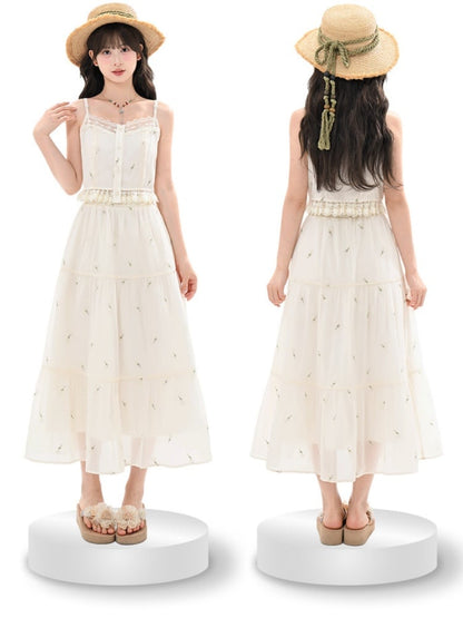 Kei Buttons Beige Floral Embroidery Lace Trim Floral Mori Cami Top